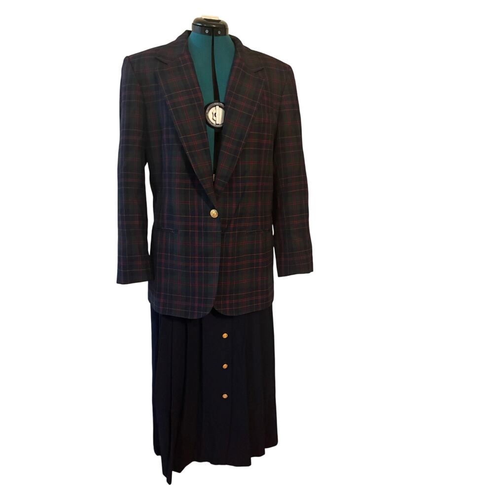 JH Collectibles 100% Wool Skirt Suit Set EUC Plaid Blazer Navy Skirt Women 14/16